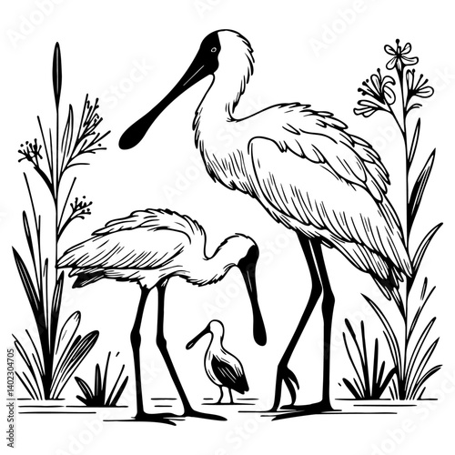 Black-Faced Spoonbills Illustration.