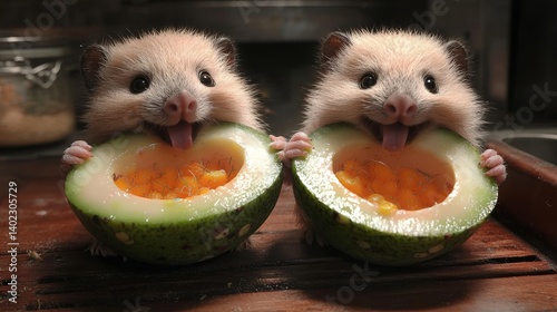 Two adorable hamsters enjoy a delicious melon snack.