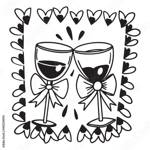 Coquette drinks and cocktails hand drawn. Cute glasses with ribbon and bow for menu in crayon and sketch style. Trendy art for bachelorette party and wedding invitations. Contour vector illustration