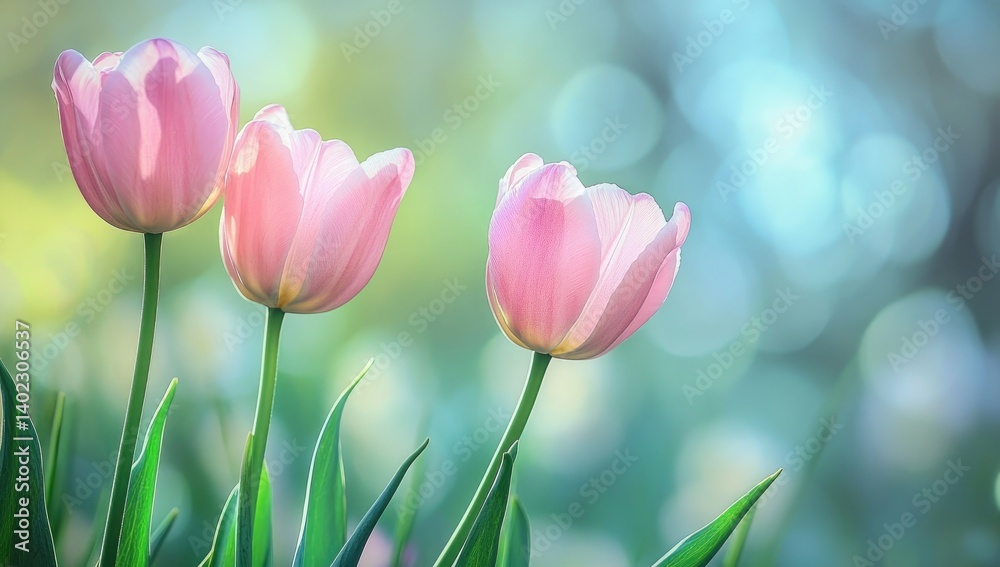 Pink flowers in the foreground, pastel green background, blurred grasses and sky, Pink flowers in the foreground, pastel green background, blurred grasses and sky,