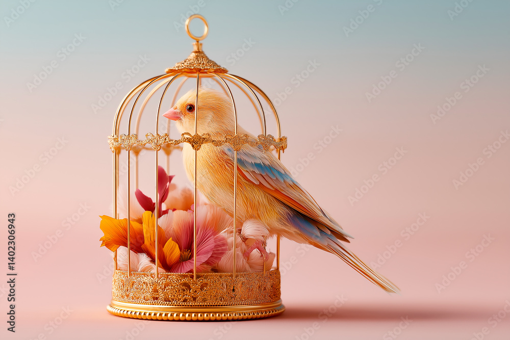Fototapeta premium little bird in a golden cage illustration