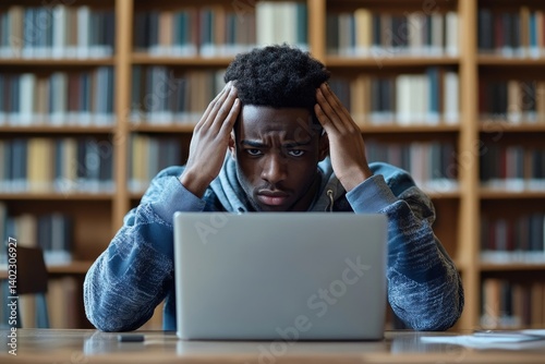 Oh no. Black male student sitting at table with both hands on his head, looking at laptop screen while making online test, college library interior, Generative AI