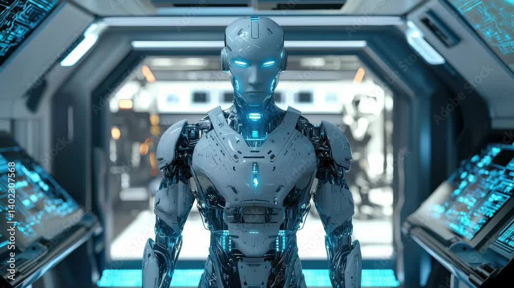 Futuristic Humanoid Robot with Glowing Blue Accents in High-Tech Sci-Fi Environment Futuristic Humanoid Robot with Glowing Blue Accents in High-Tech Sci-Fi Environment