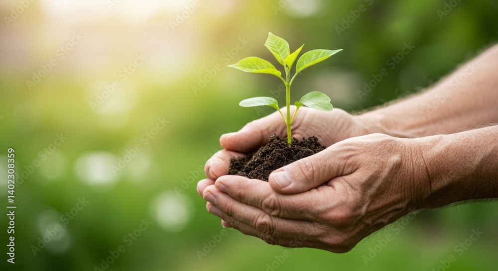 Caring hands holding a young green plant seedling with soil, symbolizing growth, new life and environmental awareness, set against a blurred natural background Caring hands holding a young green plant seedling with soil, symbolizing growth, new life and environmental awareness, set against a blurred natural background