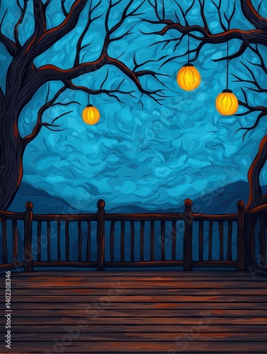 Dark and Enchanting Night Scene with Lanterns Hanging from Twisted Branches Against a Deep Blue Sky