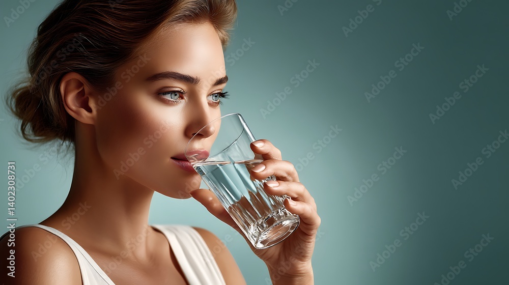 Elegant woman drinking pure water close-up portrait colorful background refreshing lifestyle concept Elegant woman drinking pure water close-up portrait colorful background refreshing lifestyle concept