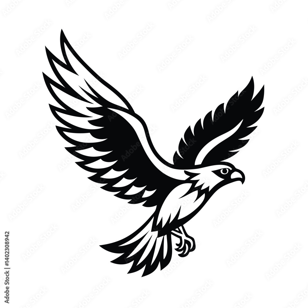 Fototapeta premium Silhouette of a dove and eagle with wings flying in black, featuring feathers and a symbolic design of birds in nature