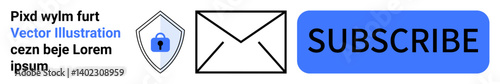 Envelope icon next to blue security shield and large subscribe button, combining communication and data security. Ideal for email campaigns, mailing lists, cybersecurity, digital marketing, privacy