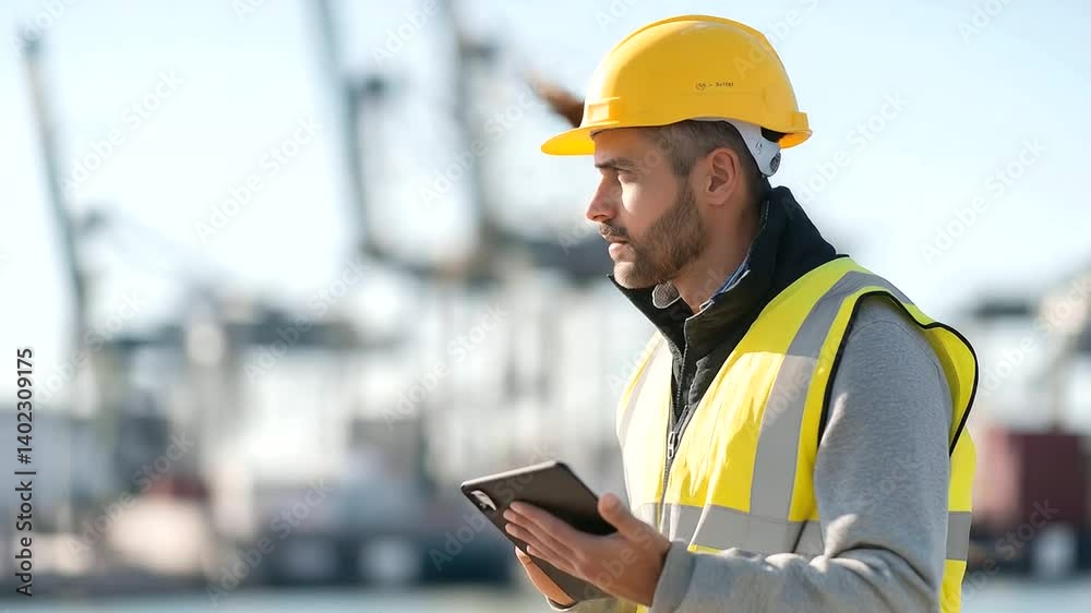 1_Supervisor checking shipping manifest on a tablet in bright morning 1_Supervisor checking shipping manifest on a tablet in bright morning