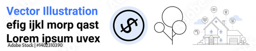 Dollar sign in circular shape, trees, and house with location pins and abstract icons. Ideal for finance, real estate, savings, growth, environment, family planning simple landing page