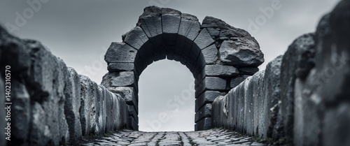 A crude stone arch precariously balanced straddles a narrow lane photo