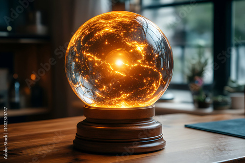 Obraz na płótnie Glowing crystal ball on wooden table