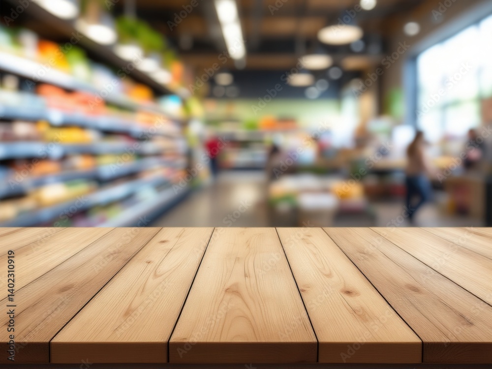Empty wooden table in minimalist grocery store - serene retail ambiance with blurred product aisle backdrop Empty wooden table in minimalist grocery store - serene retail ambiance with blurred product aisle backdrop