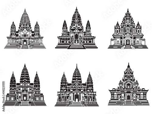 Angkor Wat Black Line Art on White Background