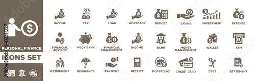 Personal finance icon set. Personal finance icon pack. budget, insurance, payment, receipt, savings, expense, income, tax, loan, statement, financial management, mortgage . Solid vector icons set.