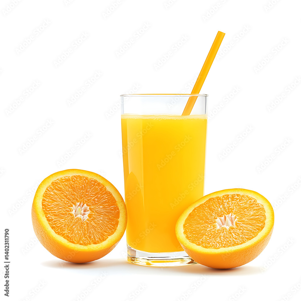 Fresh Orange Juice in Glass with Straw and Sliced Oranges Isolated on White Background. Healthy Drink Concept