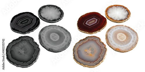 Natural Agate Coasters isolated on white, a metallic set of circle objects