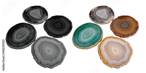 Natural Agate Coasters isolated on white, a metallic set of circle objects
