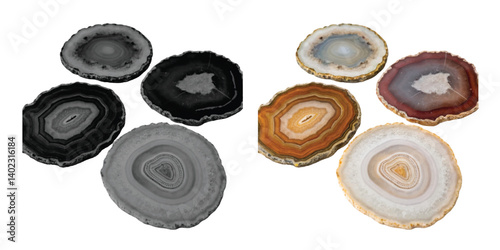Natural Agate Coasters isolated on white, a metallic set of circle objects
