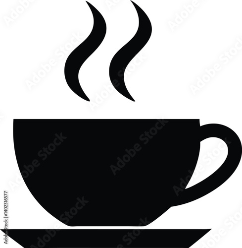 Minimalist black and white illustration of a steaming cup of coffee with elegant, fluid lines forming the steam and cup contours