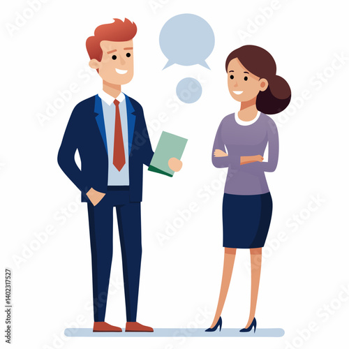 business woman and a business man are discussing issues Vector flat illustration meeting conversation teamwork collaboration office corporate professional communication