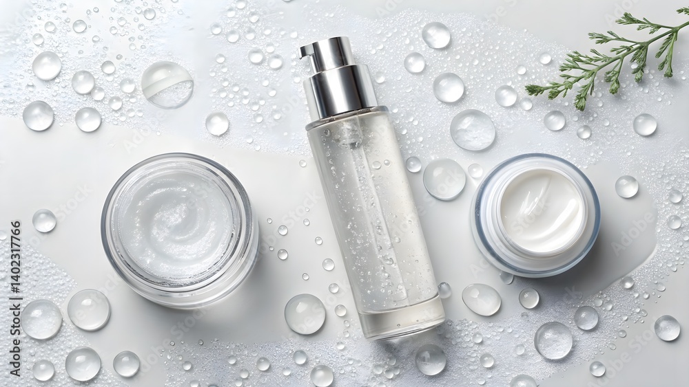 A clean and realistic flat lay featuring skincare products with water droplets on glass surfaces. Suitable for minimalist beauty campaigns, spa promotions, and wellness branding. A clean and realistic flat lay featuring skincare products with water droplets on glass surfaces. Suitable for minimalist beauty campaigns, spa promotions, and wellness branding.