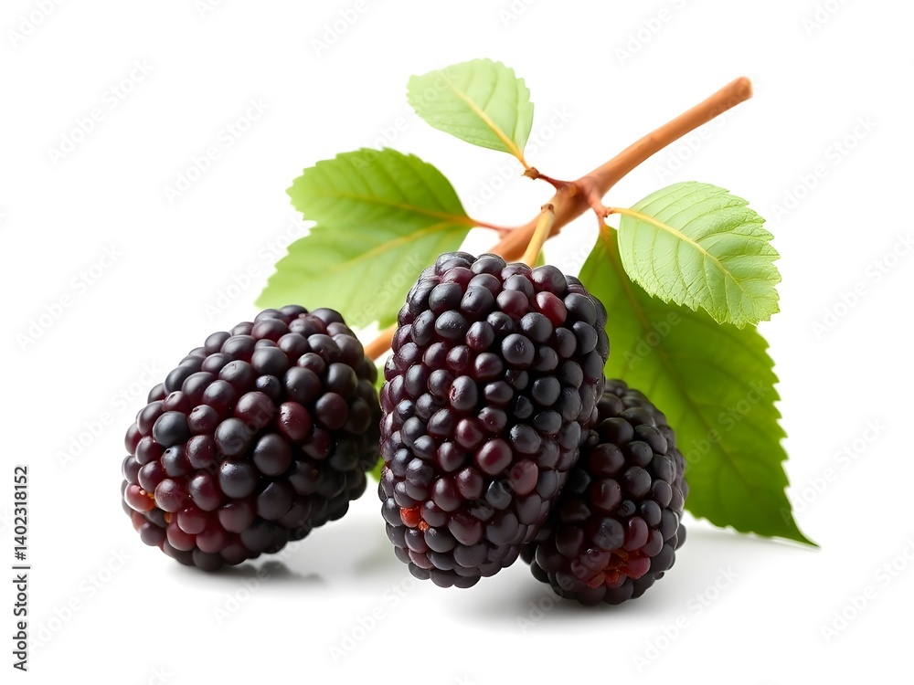 Fresh Ripe Mulberries with Green Leaves Isolated on White Background – High Resolution Fruit Macro Image Fresh Ripe Mulberries with Green Leaves Isolated on White Background – High Resolution Fruit Macro Image