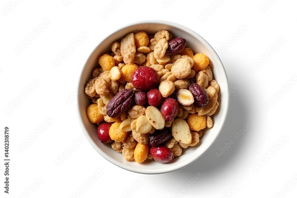 A bowl of mixed nuts and dried fruits on a white background A bowl of mixed nuts and dried fruits on a white background