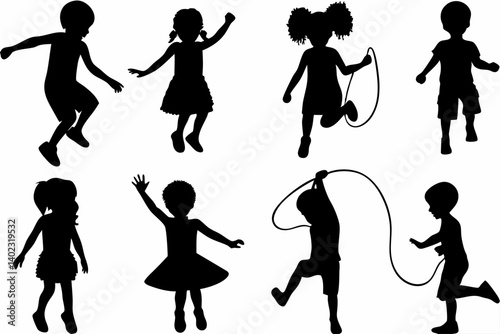 Silhouette of Children Playing Outdoors Under Tree Kids Jumping Rope Climbing and Having Fun in Nature Vector Illustration