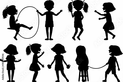 Silhouette of Children Playing Outdoors Under Tree Kids Jumping Rope Climbing and Having Fun in Nature Vector Illustration