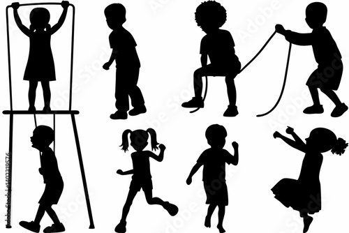 Silhouette of Children Playing Outdoors Under Tree Kids Jumping Rope Climbing and Having Fun in Nature Vector Illustration