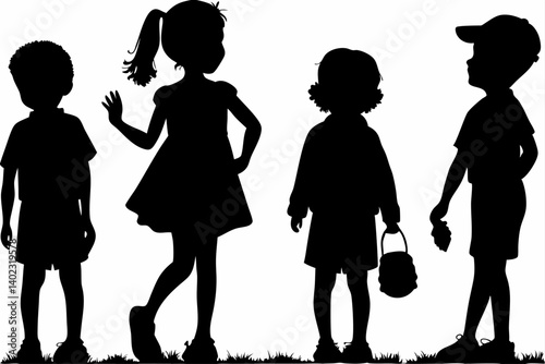 Silhouette of Children Playing Outdoors Under Tree Kids Jumping Rope Climbing and Having Fun in Nature Vector Illustration