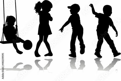 Silhouette of Children Playing Outdoors Under Tree Kids Jumping Rope Climbing and Having Fun in Nature Vector Illustration