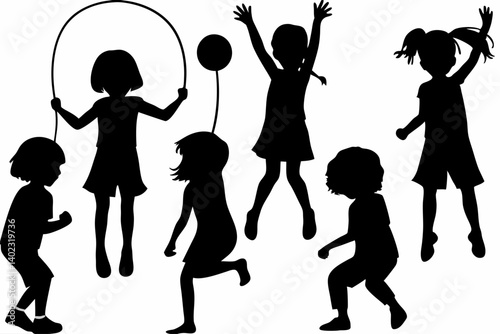 Silhouette of Children Playing Outdoors Under Tree Kids Jumping Rope Climbing and Having Fun in Nature Vector Illustration