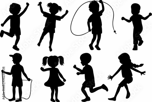 Silhouette of Children Playing Outdoors Under Tree Kids Jumping Rope Climbing and Having Fun in Nature Vector Illustration