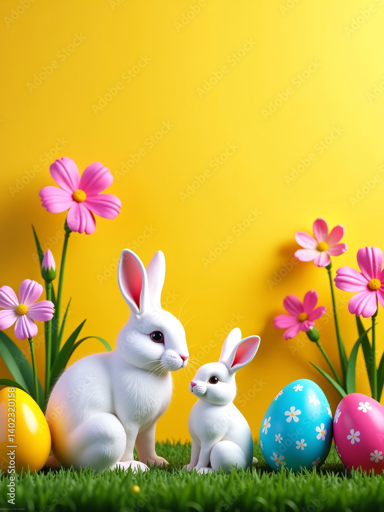 Obraz premium Colorful Easter Scene With Vibrant Eggs, Adorable Bunnies, And Blooming Flowers Set Against A Bright And Cheerful Sunny Yellow Backdrop.