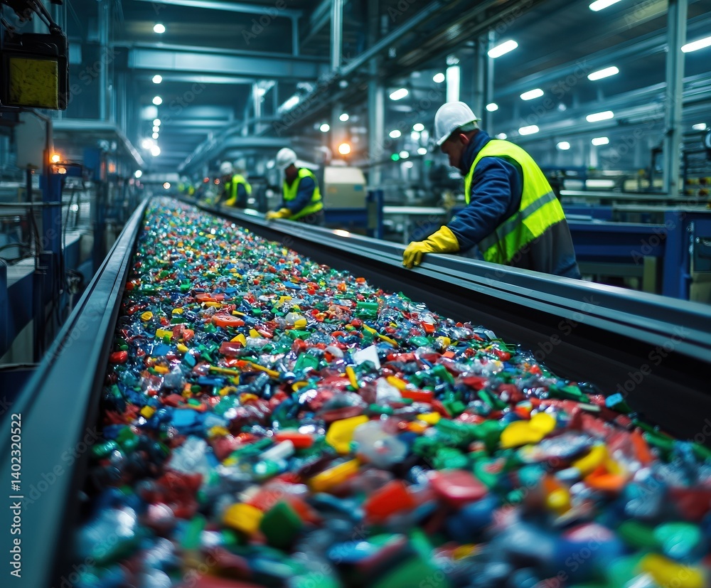 Obraz premium Conveyor with plastic and metal scraps, workers sorting fast in gritty recycling plant under bright lights isolated on transparent background
