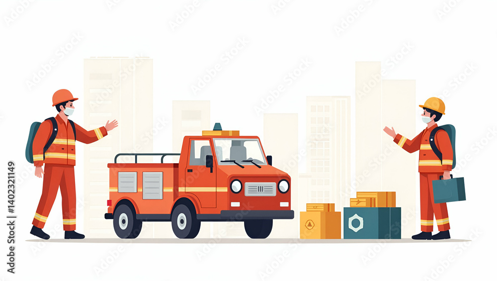 Coordinated Disaster Relief: Flat Vector Illustration of First Responders and Emergency Supplies in Action for Effective Rescue Operations Coordinated Disaster Relief: Flat Vector Illustration of First Responders and Emergency Supplies in Action for Effective Rescue Operations