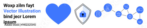 Heart icon, secure shield with lock, interconnected network nodes symbolizing security, connectivity, and trust. Ideal for technology, internet, healthcare, data protection safety innovation flat