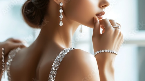 A woman is wearing a diamond bracelet and earrings