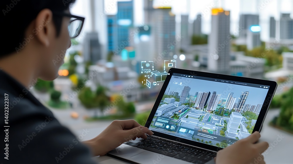 Person using a laptop to explore a 3D city model with skyscrapers and greenery in a modern setting Person using a laptop to explore a 3D city model with skyscrapers and greenery in a modern setting
