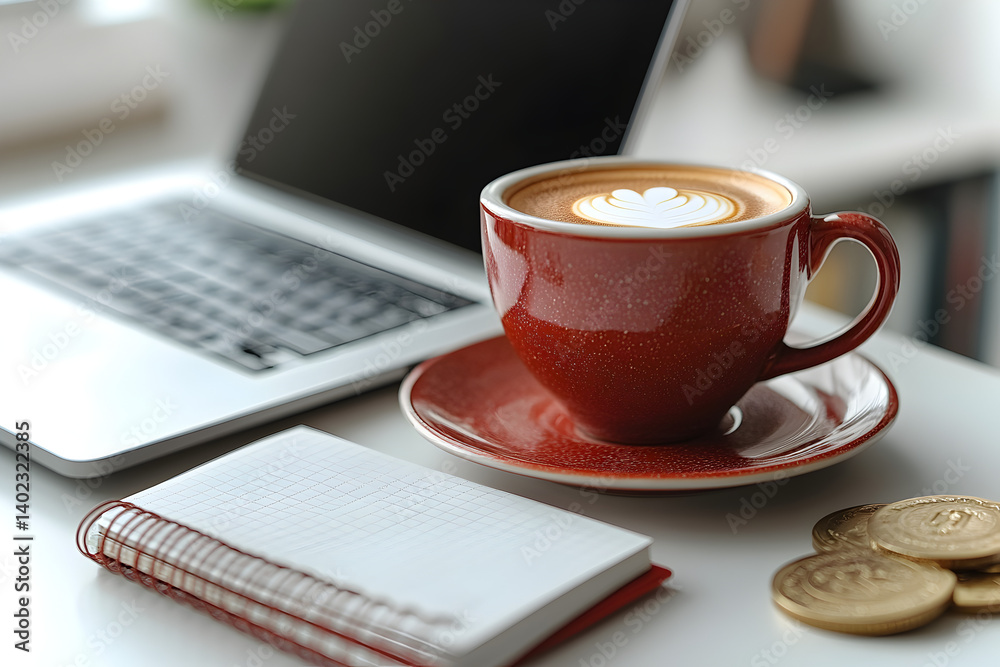 Red Coffee Cup and Laptop on White Desk Red Coffee Cup and Laptop on White Desk