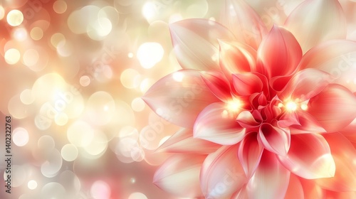 Radiant Dahlia in Golden Light: A Close-Up of a Pink and White Dahlia Bloom with Glimmering Bokeh on a Warm Background.
