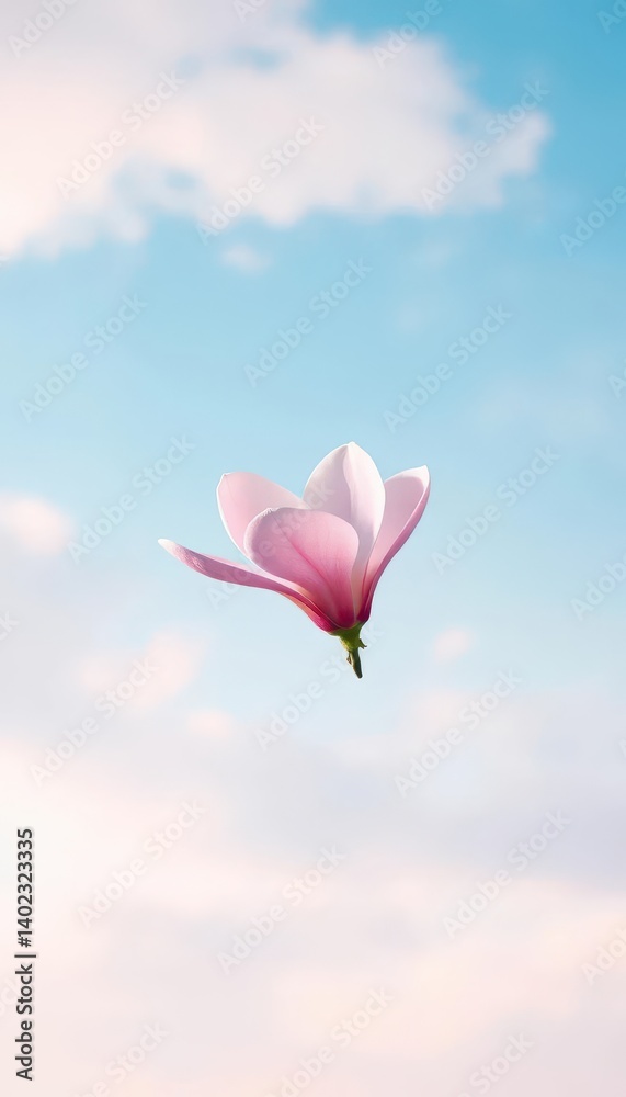 Obraz premium Solitary pink magnolia blossom adrift in a dreamy blue sky, abstract landscape, floral, fragile, landscape