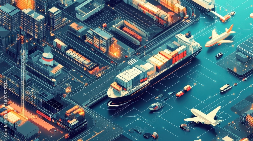 A detailed illustration of a modern port with multiple transportation modes A detailed illustration of a modern port with multiple transportation modes