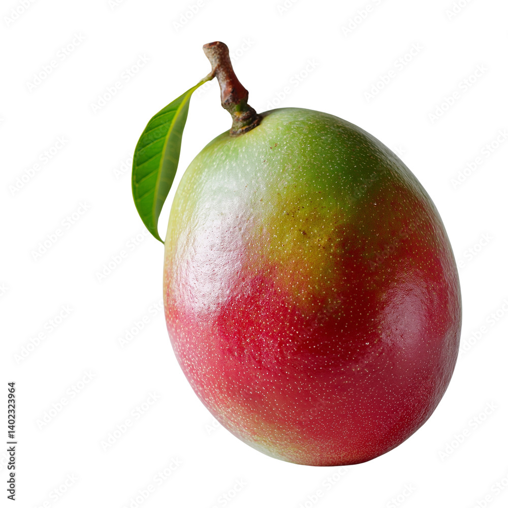 Fototapeta premium A ripe mango with a green leaf on top