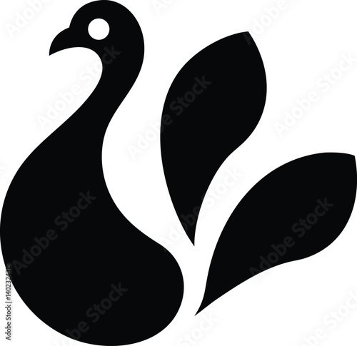 A high-contrast peacock form shaped from bold, smooth arcs and curves, suggesting regality and poised elegance in minimal detail