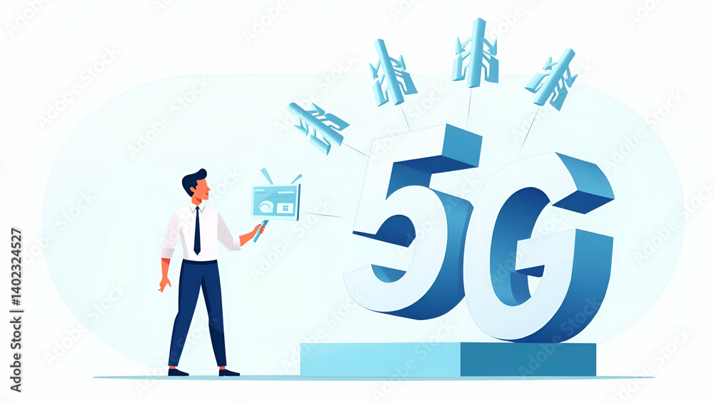 Revolutionizing Digital Connectivity: Flat Advanced Ultra Fast 5G Concept with Superior Data Throughput & Enhanced Network Reliability in a Cute Vector Illustration Revolutionizing Digital Connectivity: Flat Advanced Ultra Fast 5G Concept with Superior Data Throughput & Enhanced Network Reliability in a Cute Vector Illustration