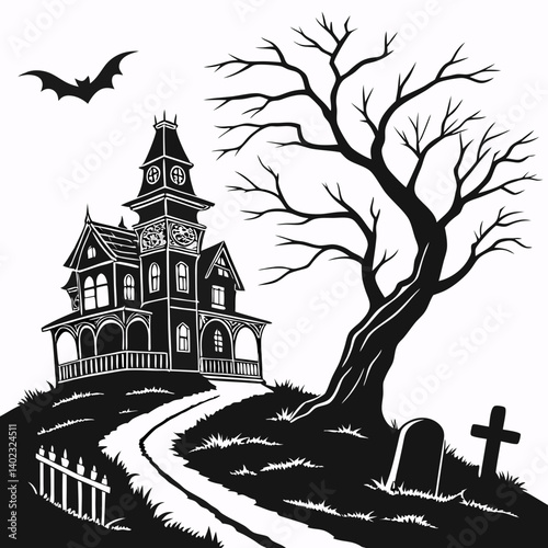 Haunted Victorian Mansion Silhouette with Spooky Halloween Elements – Black and White Vector Art.