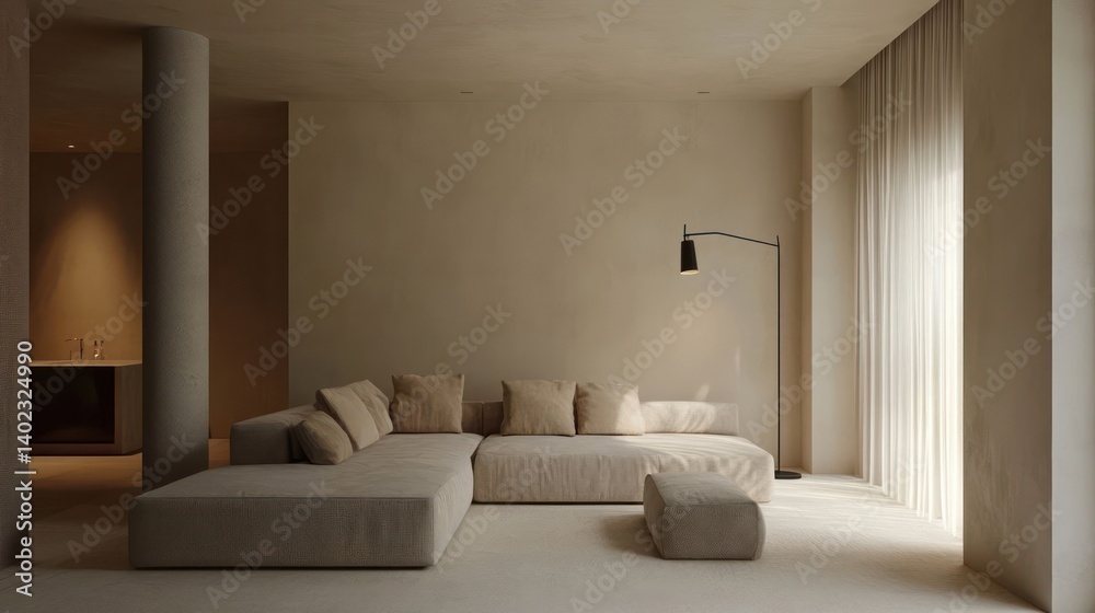 Fototapeta premium Modern minimalist living room featuring a spacious sofa, soft lighting, and neutral tones